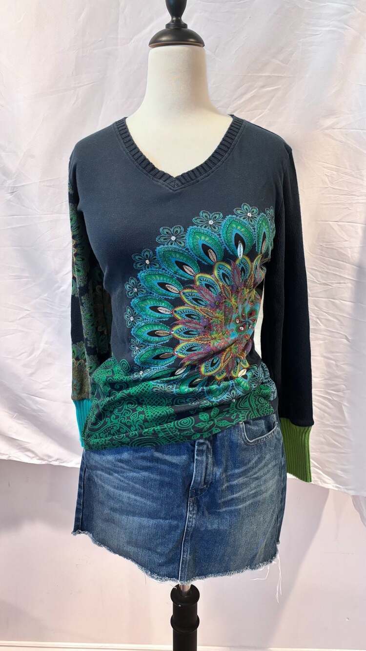 Desigual Embellished Peacock Navy colorblock Long Sleeve Sweater